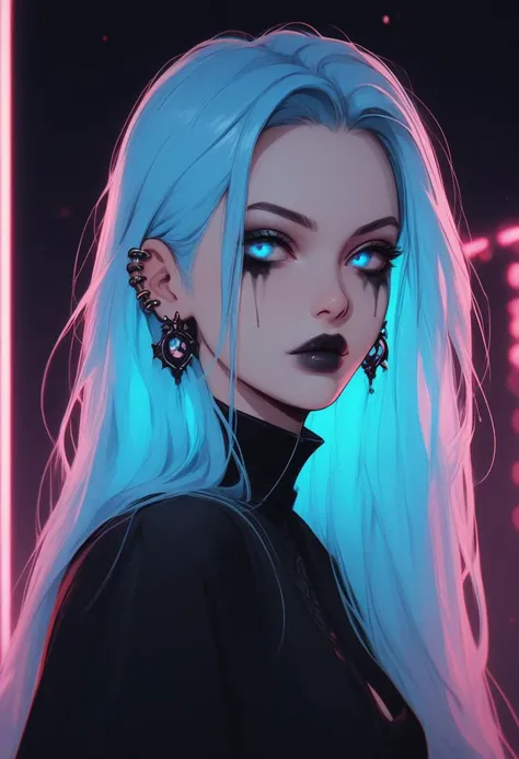 zPDXL3, score_9, score_8_up, score_7_up, 1girl, black lips, neon lights, neon hair, glowing hair, long hair, blue hair, blue eyes, glowing colors,  grain style, cowboy shot, ear piercing, gothic outfit, night city background, makeup,  smudged makeup, <lora:add-detail-xl:0.4> , <lora:[GP] somethingweird [Pony XL]:0.2>, <lora:g0th1cPXL:0.3>, <lora:st4t1ctvXLP:0.8> , <lora:Goth_girl_XL-v2:0.8>,