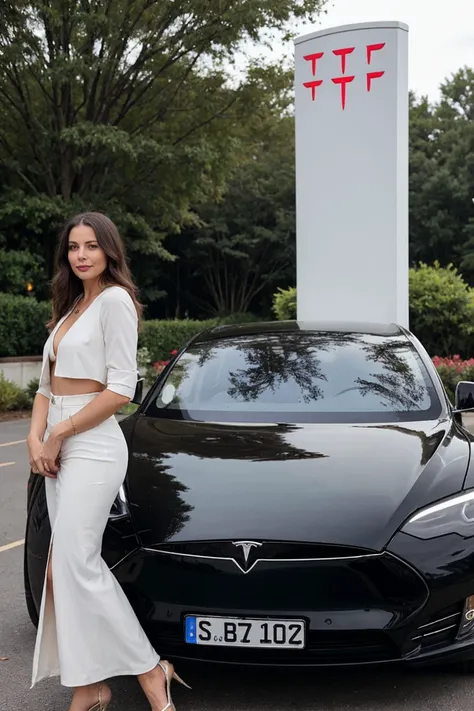 rich woman infront of a tesla
