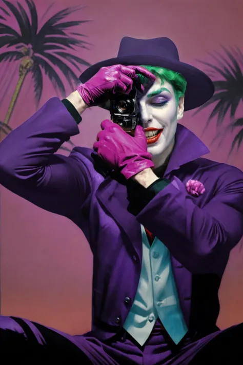 Raw photo (half body portrait:1.3) of 1boy The Joker taking a picture with a film camera, solo, male focus, closed eye, short green hair, (pale white skin:1.3), red lipstick, laughing, teeth, (purple clothing, hat and gloves:1.3), crazy, evil, 1980s vaporwave style, (blue background, palm trees:1.3), cinematic lighting, shot on Hasselblad 500CM, haze-light-1800, <lora:ARTSTYLE_AlexRoss_ComicArt_ownwaifu:1> ARTSTYLE_AlexRoss_ComicArt_ownwaifu, <lora:vaporwave:1> v4p0rw4v3 artstyle, <lora:epi_noiseoffset2:0.6> <lora:epiCRealismHelper:1> <lora:Elixir:1>