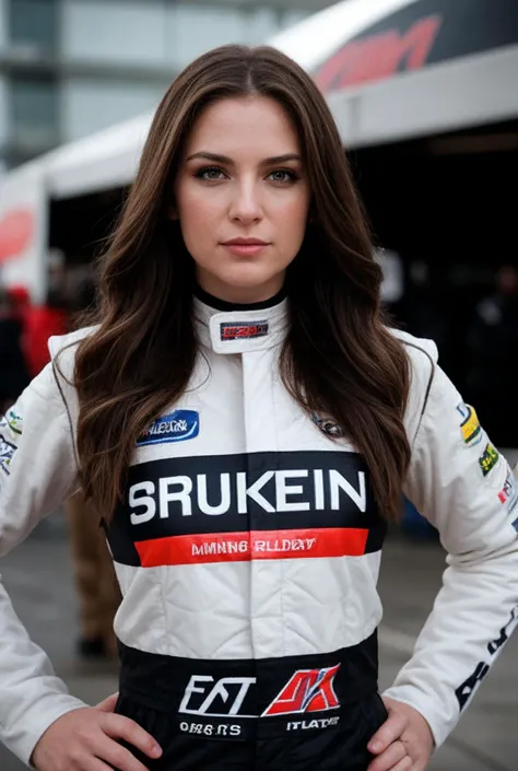 wide shot, female make-up race driver, race suit, race car, long hair, intricate details