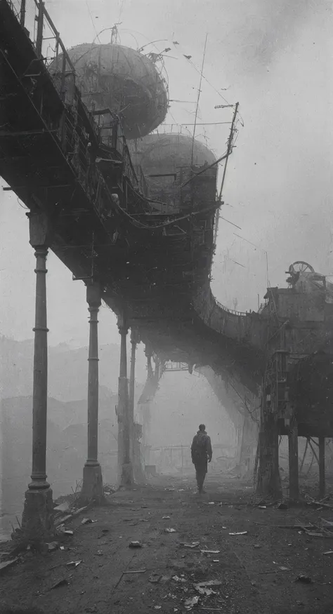 grayscale old photo, damaged, early 19th century, first person perspective, landscape photo, tron, heaven, ascendance, god rays, light, gold, sky, advntr, underwater, alien, colorful, zdzislaw beksinski, translucent, transparent, reelmech, mechanical parts, cable, wires, machinery, joints, body suit, <lora:oldPhotoV1:1>,