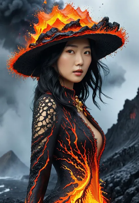 Sasha Yamamoto, an alluring young woman in her mid-30s, dons an attractive ensemble featuring a unique, realistic hat that replicates an erupting volcano. The hat, designed with intricate detail, showcases flowing hot lava, a splashy design, and lifelike textures. It also incorporates hidden illumination and lava splashes, giving the appearance of a volcanic eruption.