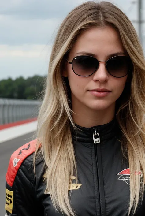 blonde female racedriver, aviator glasses, race suit, race car, long hair, intricate details