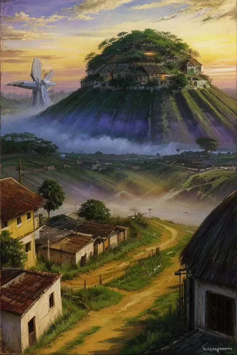 a drawing, a painting, EdgarDegras, <lora:Edgar Degras style:0.7>, Airbrush painting, landscape of a ([Orgrimmar:Ghana:2]:1.3) from inside of a Dalaran, it is very Monstrous and Loathsome, summer cityscape, Foggy conditions, Psychedelic Art, hard light, Selective focus, Agfacolor, triadic, (designed by James C. Christensen:1.0)
