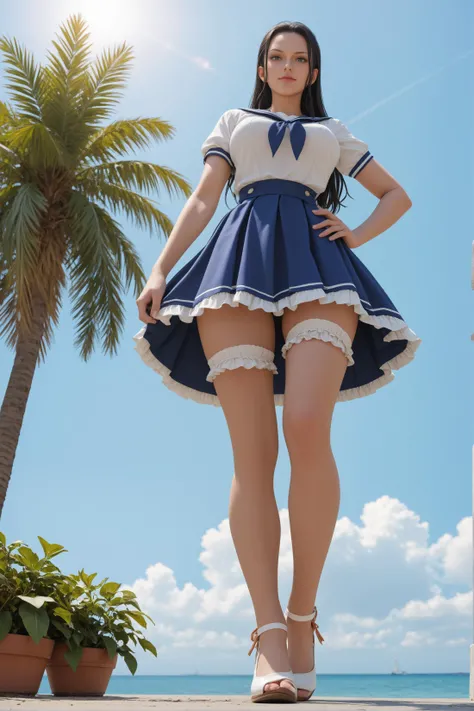 score_9, score_8_up, score_7_up, 1girl,Nico Robin, solo, full body,from below,sailor suite, frilled thighhighs,