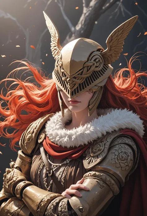 score_8_up, score_6_up, 8K RAW photo, MaleniaDef, red hair, covered eyes, helmet, fur trim, brown dress, red cape, armor, single scar on arm, single mechanical arm, mechanical leg <lora:Malenia_pdxl_Incrs_v2:1>