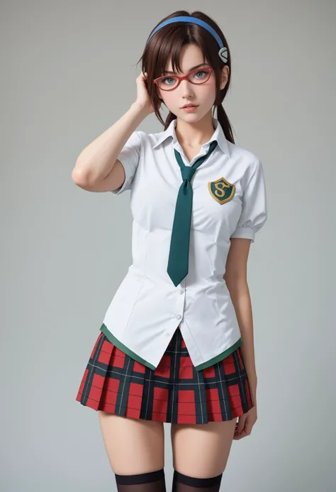 score_8_up, score_6_up, highly detailed, 8K RAW photo, <lora:Degen_Mari_v2:1> mari-school, hairband, red-framed eyewear, untucked shirt, collared shirt, green trim, green necktie, low twintails, plaid skirt, thigh highs zettai ryouiki, adjusting hair, looking down, <lora:Degen_SG_PDXL_v3:.6> , parted lips, looking at you
