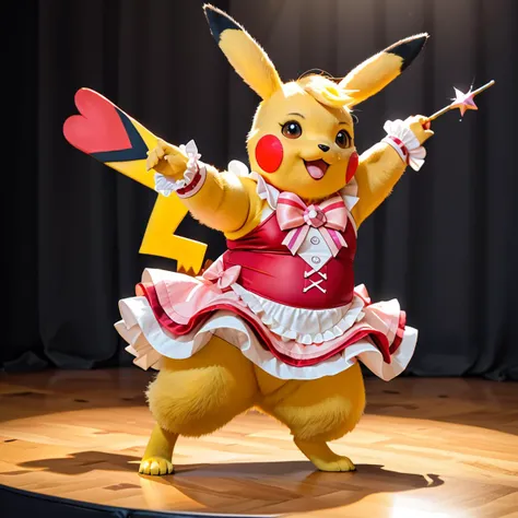 score_9, score_8_up, score_7_up, source_furry, realistic, solo, 1girl, furry, cosplay pikachu, yellow fur, pokemon (creature), chubby, ears down, red frilled dress, frilled cuffs, fluffy tail, pink ribbon wand dancing, on stage, <lora:Cosplaychu_v1-1:0.6>