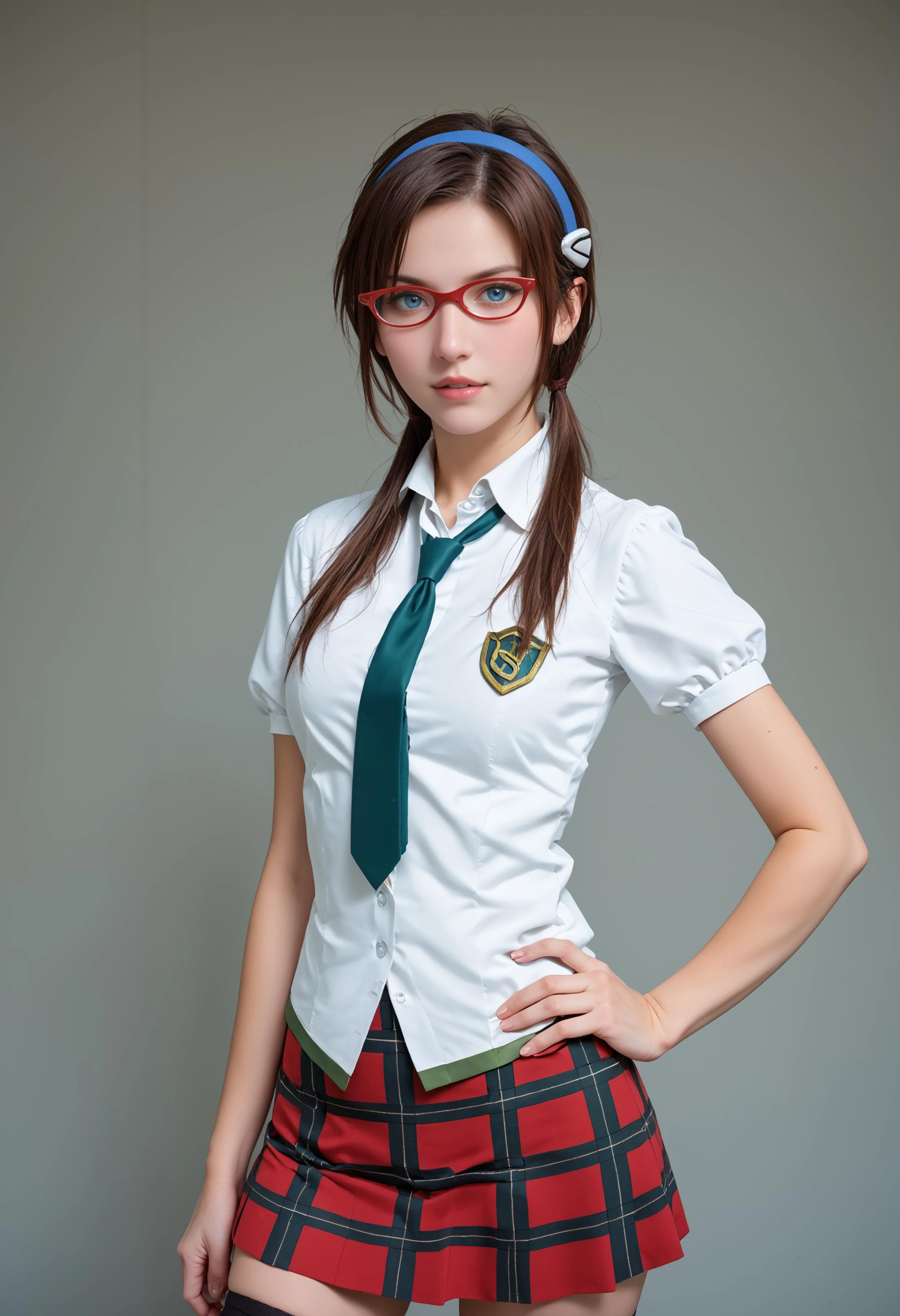 score_8_up, score_6_up, highly detailed, 8K RAW photo, <lora:Degen_Mari_v2:1> mari-school, hairband, blue eyes, red-framed eyewear, untucked shirt, collared shirt, green trim, green necktie, low twintails, plaid skirt, thighhighs zettai ryouiki, <lora:Degen_SG_PDXL_v3:.6> , parted lips, looking at you, realistic <lora:Maria_pd:.25> <lora:StS_age_slider_v1_initial_release:1.35> , contrapposto, hand on hip,