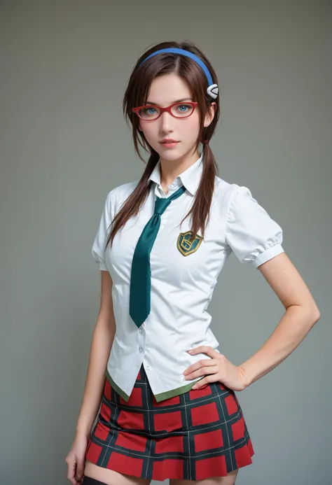 score_8_up, score_6_up,  highly detailed,  8K RAW photo,  <lora:Degen_Mari_v2:1> mari-school, hairband, blue eyes, red-framed eyewear, untucked shirt, collared shirt, green trim, green necktie, low twintails, plaid skirt, thighhighs zettai ryouiki,  <lora:Degen_SG_PDXL_v3:.6> , parted lips, looking at you, realistic <lora:Maria_pd:.25>  <lora:StS_age_slider_v1_initial_release:1.35> , contrapposto, hand on hip,