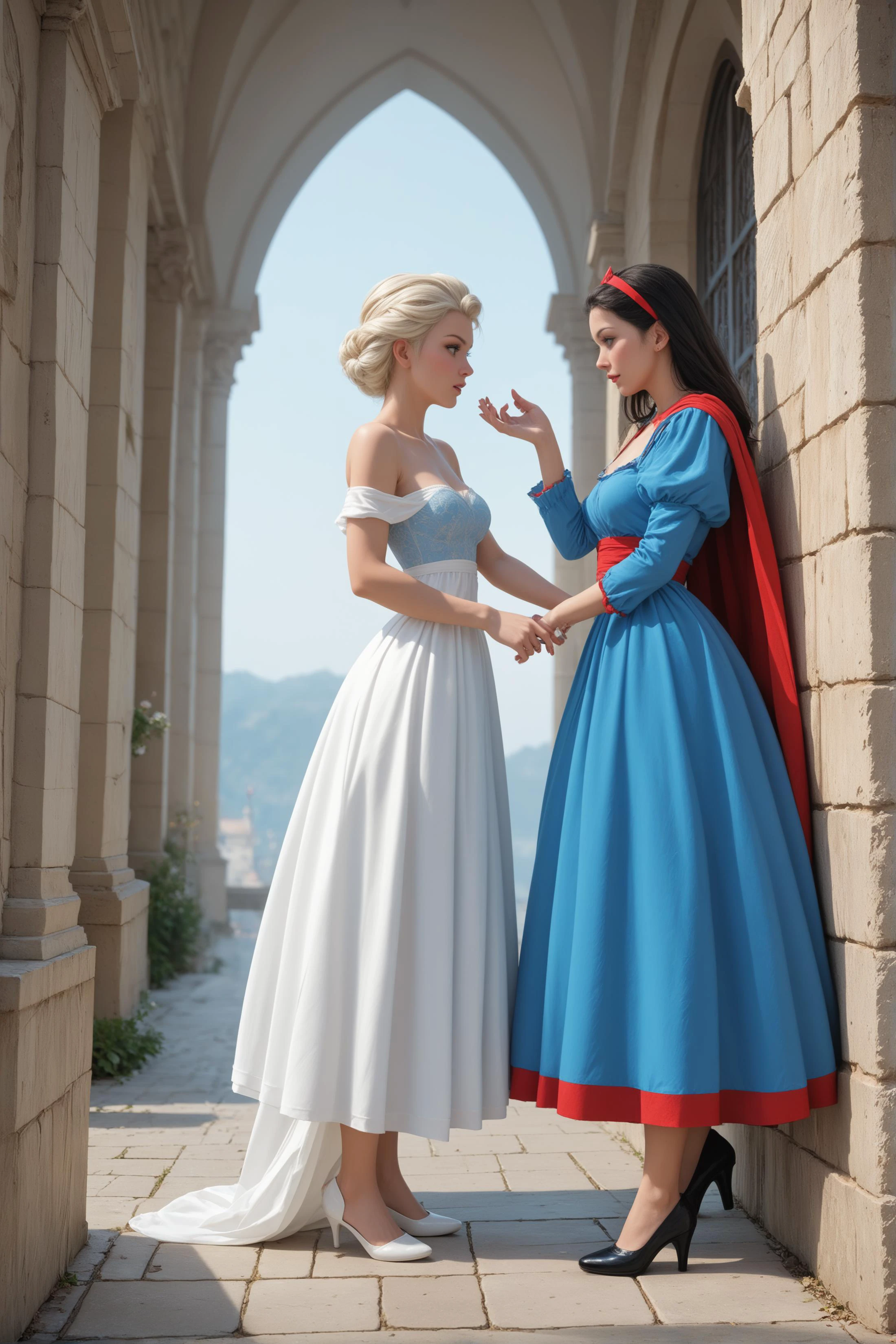 score_9, score_8_up, score_7_up, 2girls, 1girl (Snow White) and 1girl (Elsa), side view, (full bodies in view)