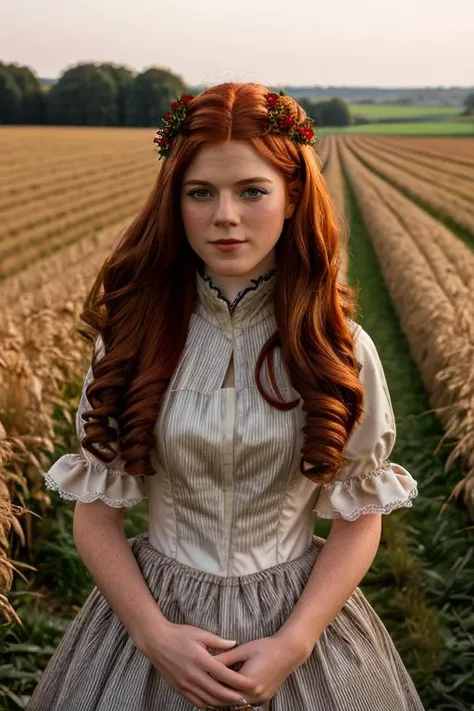 doll costume , field of wheat , evening <lora:Rose_Leslie:1> masterpiece, best quality, detailed face, a mature r1873l, 1girl, solo, red hair,