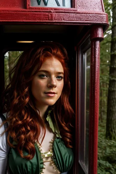 forest fairy costume , phone booth , evening <lora:Rose_Leslie:1> masterpiece, best quality, detailed face, a mature r1873l, 1girl, solo, red hair,