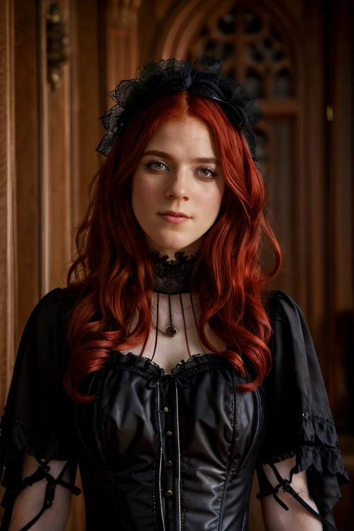 gothic costume , oasis , day <lora:Rose_Leslie:1> masterpiece, best quality, detailed face, a mature r1873l, 1girl, solo, red hair,