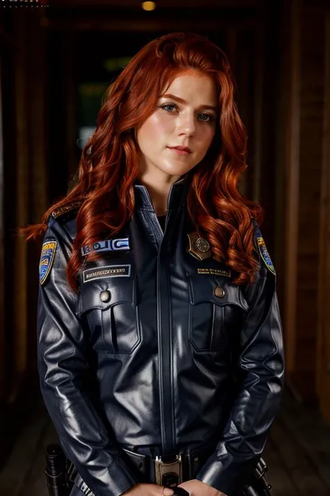 policewoman costume , glacier , dusk <lora:Rose_Leslie:1> masterpiece, best quality, detailed face, a mature r1873l, 1girl, solo, red hair,