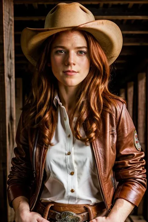 <lora:Rose_Leslie:1> masterpiece, best quality, detailed face, a mature r1873l, 1girl, solo, red hair, <lora:Cowgirl Outfit By Stable Yogi:0.6> wearing a cowgirl outfit, jacket,