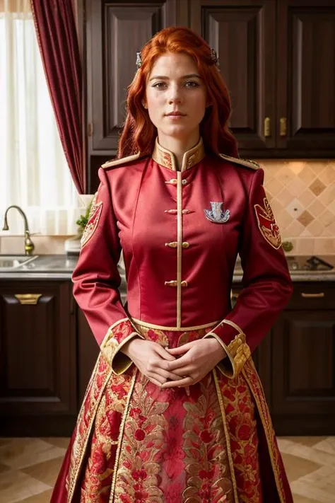 palace guard costume , kitchen , evening <lora:Rose_Leslie:1> masterpiece, best quality, detailed face, a mature r1873l, 1girl, solo, red hair,