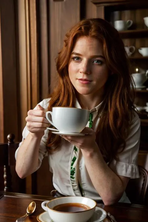 <lora:Rose_Leslie:1> masterpiece, best quality, detailed face, a mature r1873l, 1girl, solo, red hair, cup of tea, cafe, inside, table with a leprechaun, salt pepper pots, plate