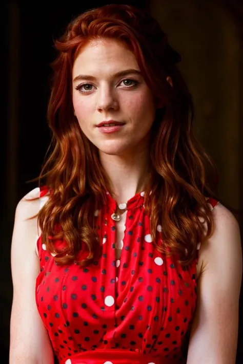 <lora:Rose_Leslie:1> masterpiece, best quality, detailed face, a mature r1873l, 1girl, solo, red hair, <lora:Sexy Polka Dot Dress by Stable Yogi:0.7> wearing Sexy Polka Dot Dress,