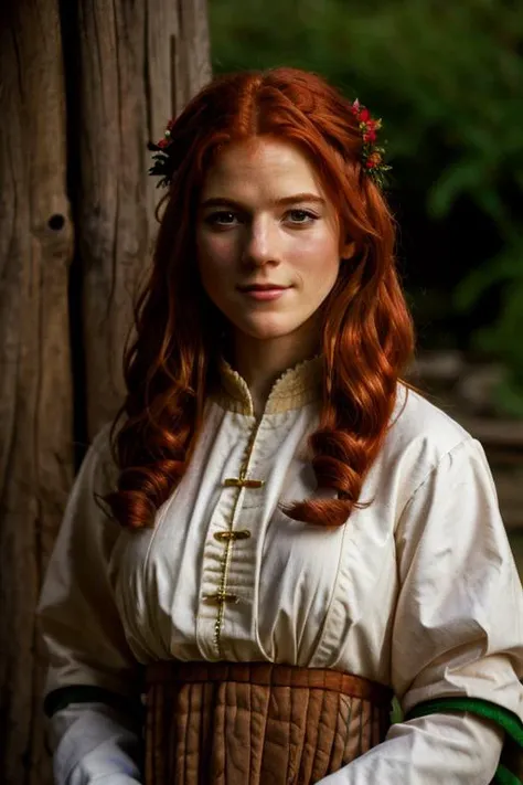 peasant costume , zoo , dusk <lora:Rose_Leslie:1> masterpiece, best quality, detailed face, a mature r1873l, 1girl, solo, red hair,