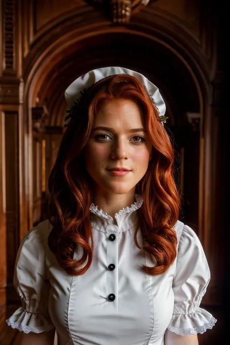 maid costume , classroom , dusk <lora:Rose_Leslie:1> masterpiece, best quality, detailed face, a mature r1873l, 1girl, solo, red hair,