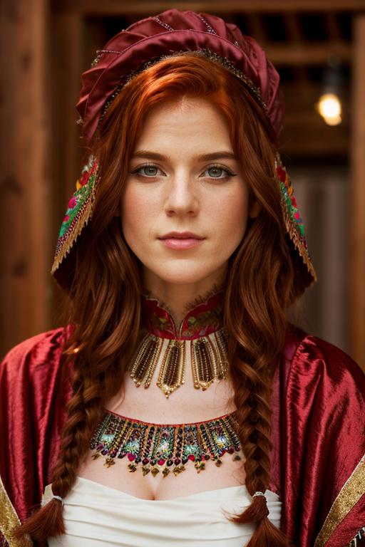 A woman with red hair wearing a red and gold dress and a red headpiece ...