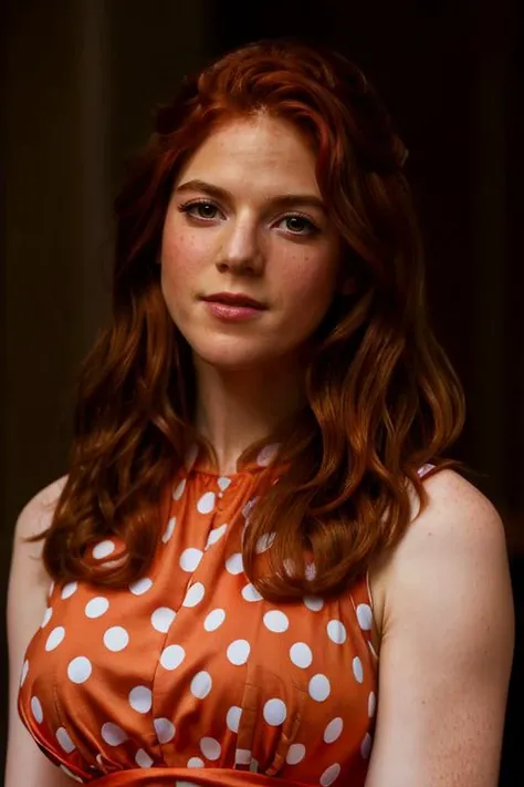 <lora:Rose_Leslie:1> masterpiece, best quality, detailed face, a mature r1873l, 1girl, solo, red hair, <lora:Sexy Polka Dot Dress by Stable Yogi:0.7> wearing Sexy burnt orange Polka Dot Dress,