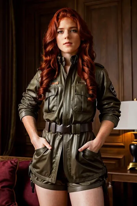 paratrooper costume , living room , dusk <lora:Rose_Leslie:1> masterpiece, best quality, detailed face, a mature r1873l, 1girl, solo, red hair,