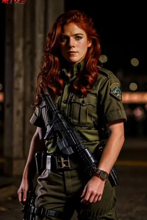policewoman costume ,  wooden bridge , day <lora:Rose_Leslie:1> masterpiece, best quality, detailed face, a mature r1873l, 1girl, solo, red hair,