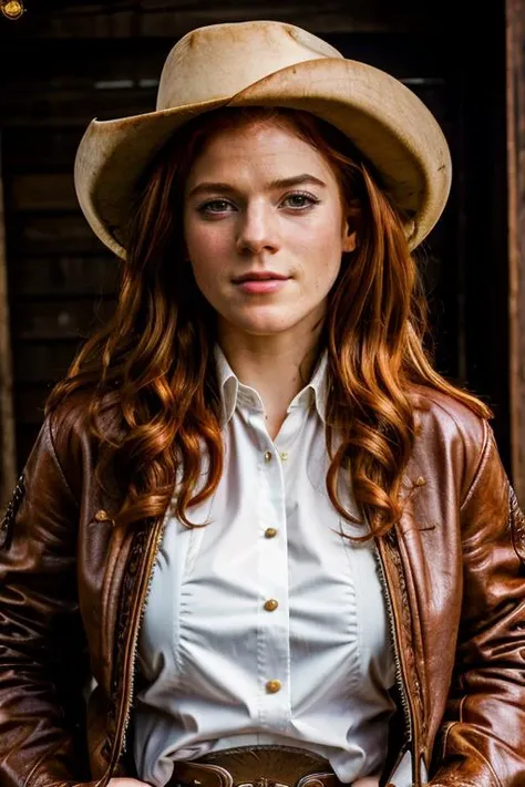 <lora:Rose_Leslie:1> masterpiece, best quality, detailed face, a mature r1873l, 1girl, solo, red hair, <lora:Cowgirl Outfit By Stable Yogi:0.6> wearing a cowgirl outfit, jacket,