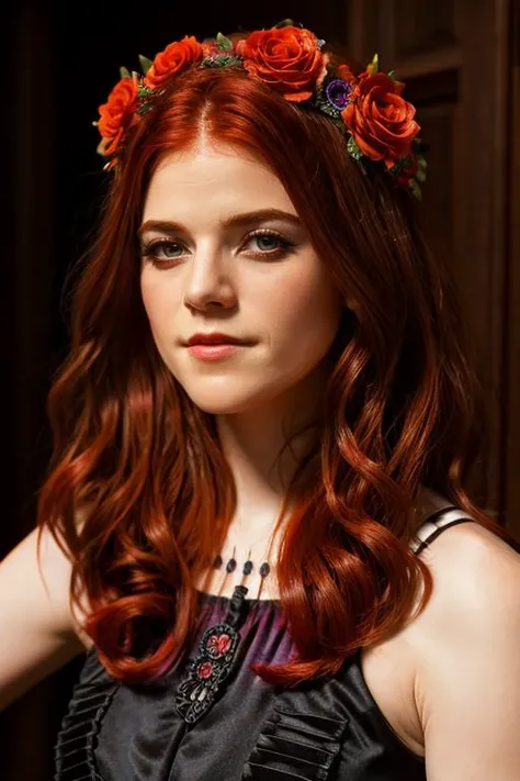 day of the dead costume , gradient , day <lora:Rose_Leslie:1> masterpiece, best quality, detailed face, a mature r1873l, 1girl, solo, red hair,