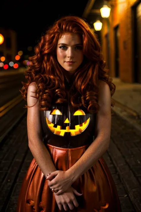 pumpkin costume , alley , night <lora:Rose_Leslie:1> masterpiece, best quality, detailed face, a mature r1873l, 1girl, solo, red hair,