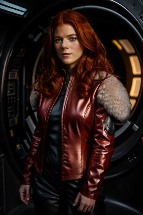 herald costume , spacecraft interior , evening <lora:Rose_Leslie:1> masterpiece, best quality, detailed face, a mature r1873l, 1girl, solo, red hair,