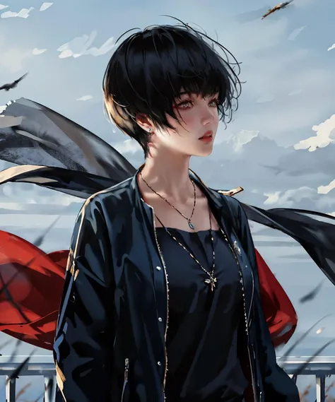 1girl, solo, short hair, black hair, jacket, jewelry,upper body, parted lips, wind, necklace, <lora:magic_glory_v1:0.7>