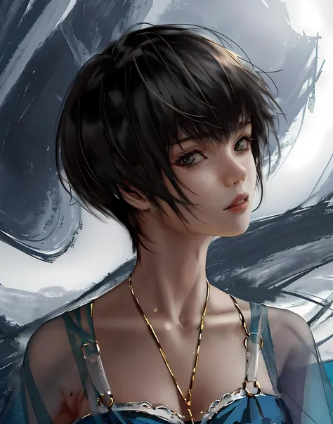 1girl, solo, looking at viewer, short hair, messy hair, upper body, portrait, <lora:magic_glory_v1:0.7>