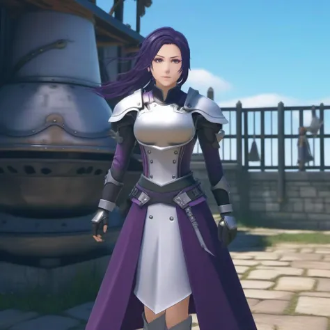 Ultra-realistic extremely detailed real life 8k masterpiece of a super sexy woman with dark purple hair beautifully braided hair and chest and skirt and knight's armor with helmet hat exploring a village, epic background, extremely detailed intricate helmet features, breathtaking epic lighting, cinematic composition, sakura wars style <lora:sakura wars style:1>