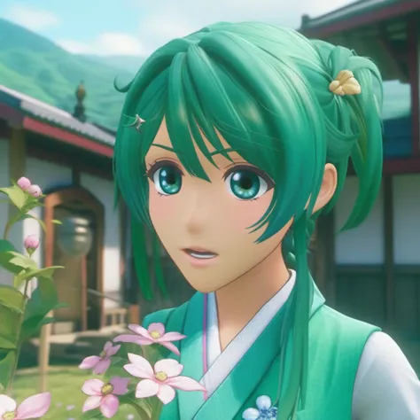 Ultra-realistic extremely detailed real life 8k masterpiece of a cute womanwith green hair exploring a village , epic background, extremely detailed eyes and mouth and facial features, breathtaking epic lighting, cinematic composition, sakura wars style <lora:sakura wars style:1>