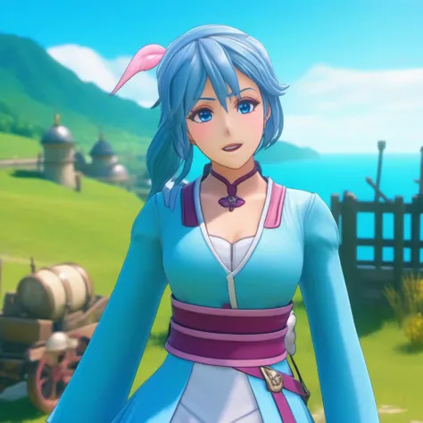 Ultra-realistic extremely detailed real life 8k masterpiece of a super sexy pirate princess with short pastel blue hair and skirt and armor wearing helmet on head exploring a village, epic background, extremely detailed eyes mouth and facial features, breathtaking epic lighting, cinematic composition, sakura wars style <lora:sakura wars style:1>