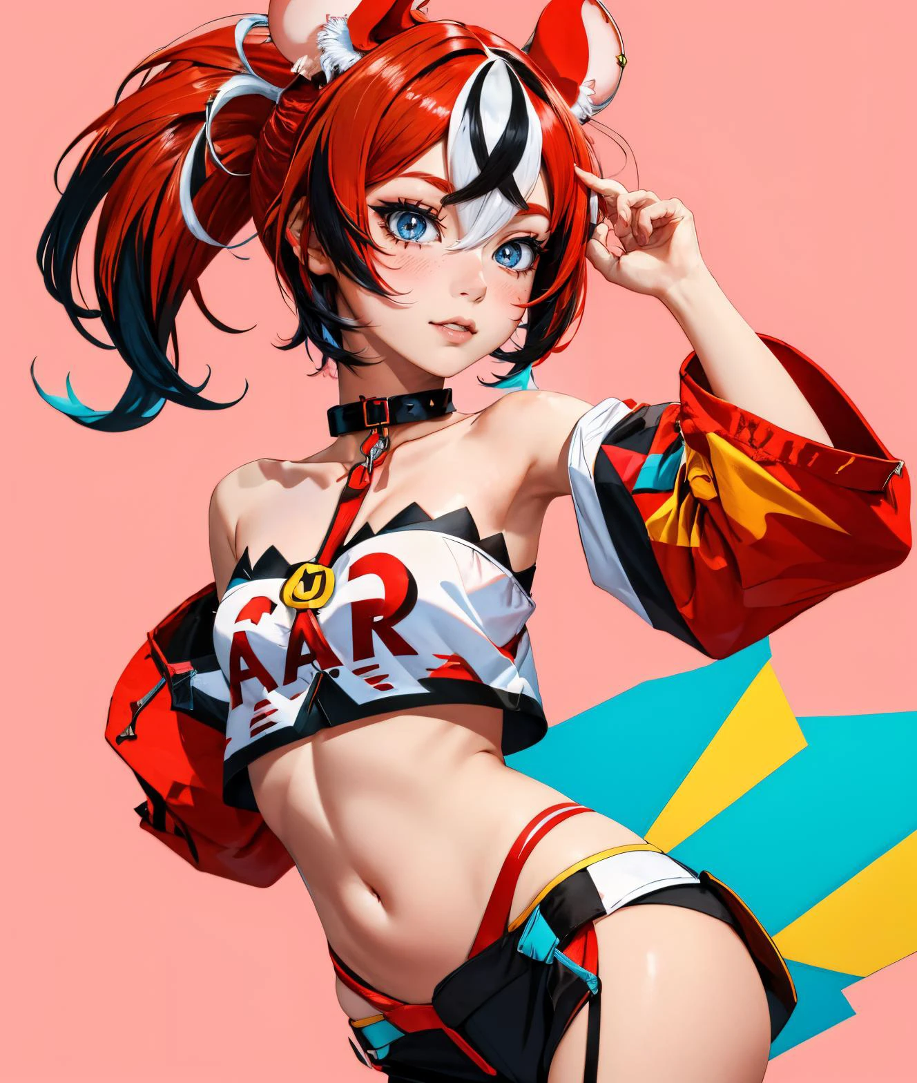 multicolored background, cowboy shot, red hair, mouse ears, hakos baelz, short hair, holding food, :t, streaked hair, holding, collar, blue eyes, animal ears, collarbone, cheese, navel, food, white hair, blush, black hair, bare shoulders, side ponytail, multicolored hair <lora:CHAR-HakosBaelz:0.8> HakosBaelz,