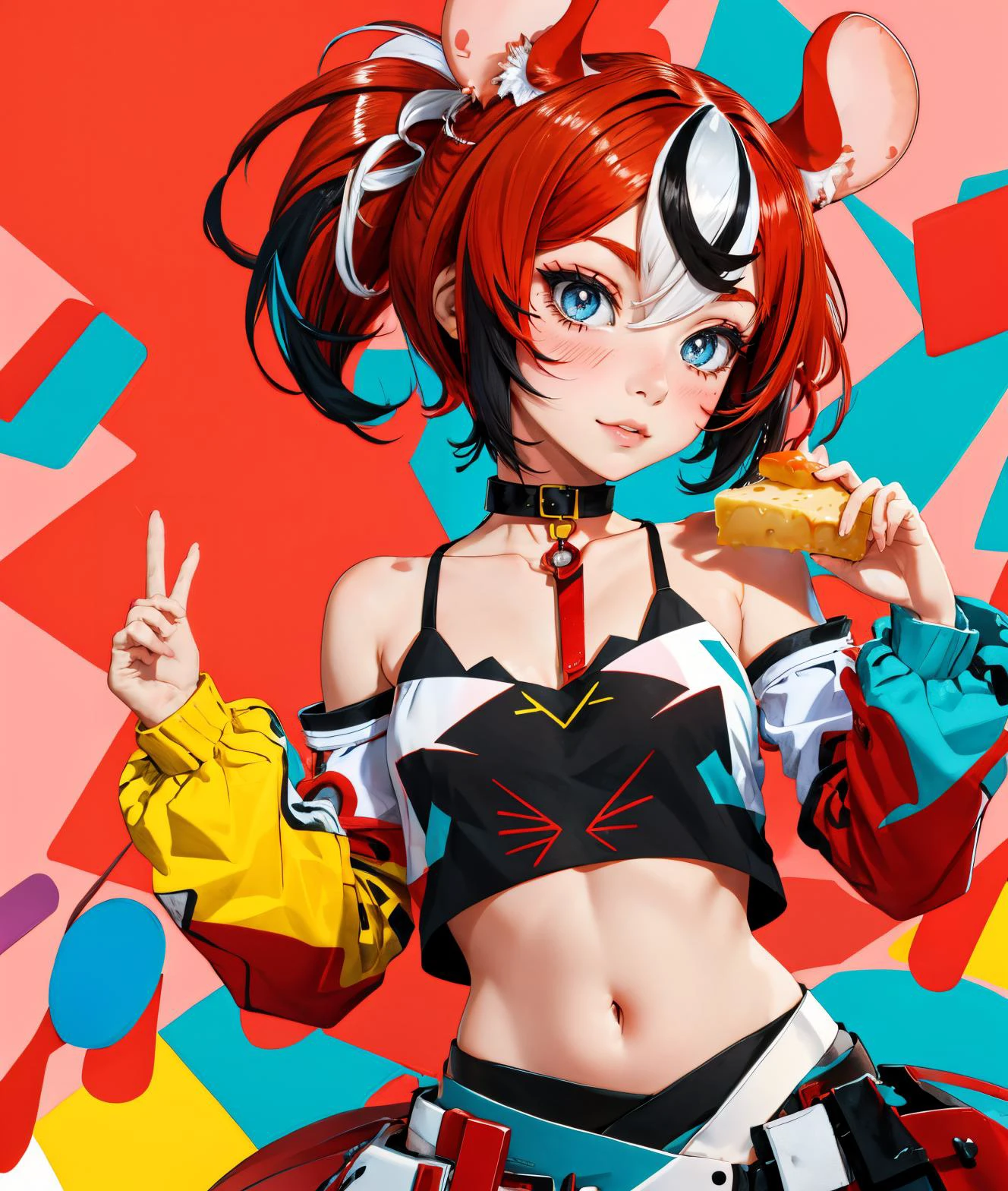multicolored background, cowboy shot, red hair, mouse ears, hakos baelz, short hair, holding food, :t, streaked hair, holding, collar, blue eyes, animal ears, collarbone, cheese, navel, food, white hair, blush, black hair, bare shoulders, side ponytail, multicolored hair <lora:CHAR-HakosBaelz:0.8> HakosBaelz,