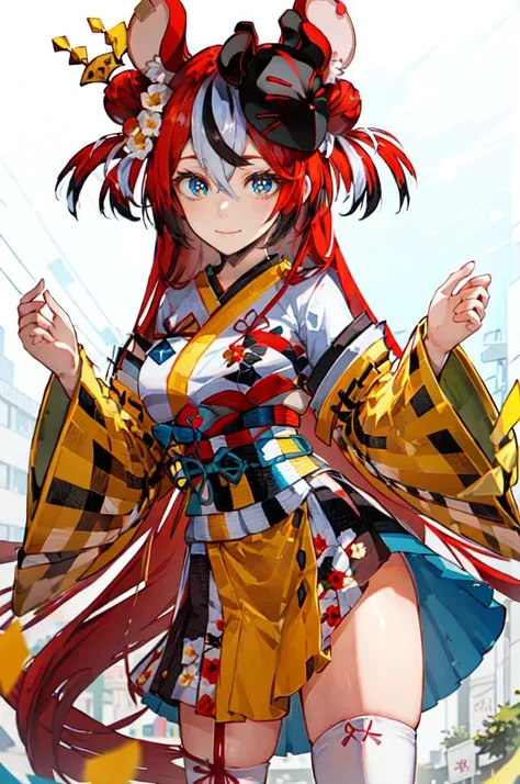 smile, <lora:HakosBaelz:0.95> BaelzNewYears, long hair, hair bun, hair flower, kimono, obi, mask on head, thighhighs, <lora:nishiide_kengorou_style_v01:0.8>, ultra detailed, masterpiece, best quality, aesthetic, detailed,