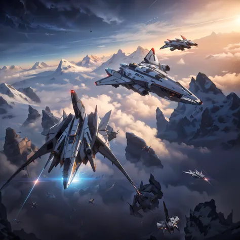 Masterpiece shot of a futuristic crusader spaceship, Mercury spaceship, symmetrical wings, symmetrical spacecraft_thrusters, flying in the sky, mountains and clouds in background, <lora:sc:0.7>