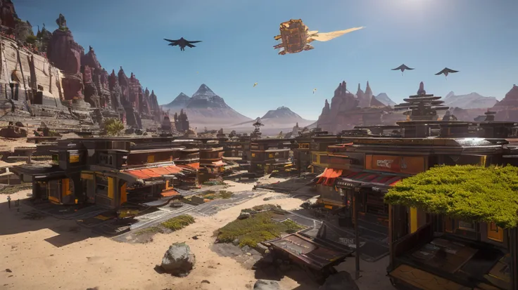 from the ground level, A sci-fi frontier village on semi-desertic planet with a red dwarf sun, yellow moss on rocky ground, high-tech but worn-out housing modules, awnings overs doors BREAK fabric canopy over a small vendors stalls by the plaza at the center of the village, (a Drake Corsair is(flying overhead, above:1.2):1.3), in the style of Star Citizen, housing, cig, ((masterpiece)), photography, hyper realism, Top quality, amazing view, RTX, volumetric lighting, pathtracing, 4K <lora:sc:0.65>