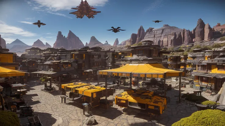 from the ground level, A sci-fi frontier village on semi-desertic planet with a red dwarf sun, yellow moss on rocky ground, high-tech but worn-out housing modules, awnings overs doors BREAK fabric canopy over a small vendors stalls by the plaza at the center of the village, (a Drake Corsair is(flying overhead, above:1.2):1.3), in the style of Star Citizen, housing, cig, ((masterpiece)), photography, hyper realism, Top quality, amazing view, RTX, volumetric lighting, pathtracing, 4K <lora:sc:0.65>