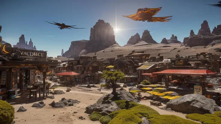 from the ground level, A sci-fi frontier village on semi-desertic planet with a red dwarf sun, yellow moss on rocky ground, high-tech but worn-out housing modules, awnings overs doors BREAK fabric canopy over a small vendors stalls by the plaza at the center of the village, (a Drake Corsair is(flying overhead, above:1.2):1.3), in the style of Star Citizen, housing, cig, ((masterpiece)), photography, hyper realism, Top quality, amazing view, RTX, volumetric lighting, pathtracing, 4K <lora:sc:0.65>
