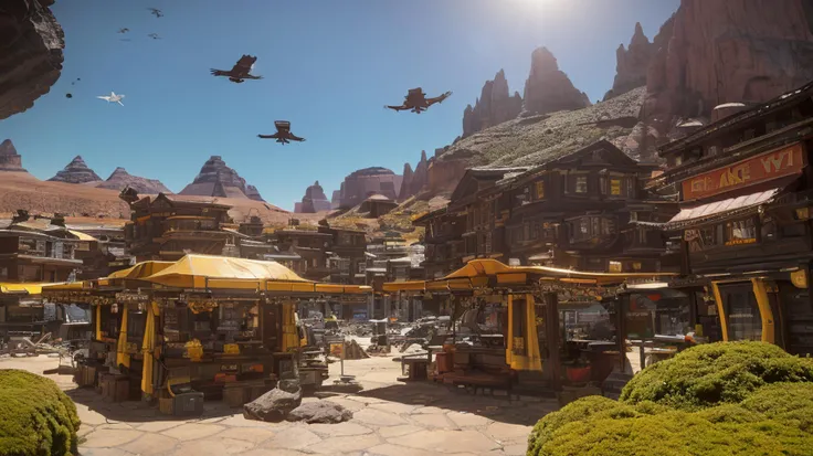from the ground level, A sci-fi frontier village on semi-desertic planet with a red dwarf sun, yellow moss on rocky ground, high-tech but worn-out housing modules, awnings overs doors BREAK fabric canopy over a small vendors stalls by the plaza at the center of the village, (a Drake Corsair is(flying overhead, above:1.2):1.3), in the style of Star Citizen, housing, cig, ((masterpiece)), photography, hyper realism, Top quality, amazing view, RTX, volumetric lighting, pathtracing, 4K <lora:sc:0.65>