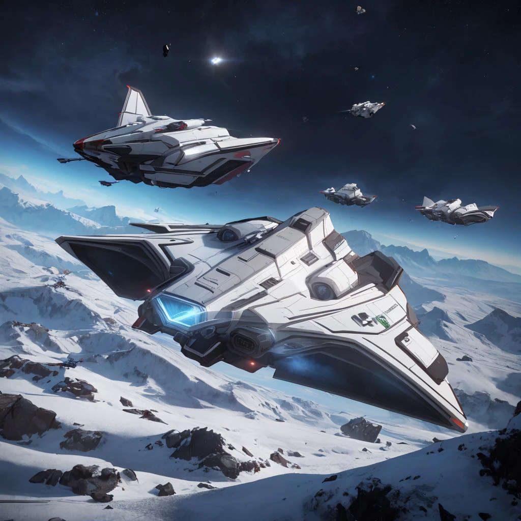 Masterpiece shot of a futuristic Crusader_battle_spaceship, Mercury_battle_spaceship, flying in the sky, mountains and clouds in background, <lora:sc:1>