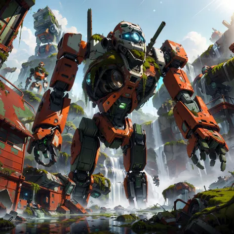 masterpiece, best quality, anime style, 8k, natural lighting, soft lighting, sunlight, (a giant_abandoned_robot full with rust and moss:1.35), waterfalls and beautiful nature , reflective water in background, HDR (High Dynamic Range), Ray Tracing, NVIDIA RTX, Super-Resolution, Unreal 5, Maximum Clarity And Sharpness, Multi-Layered Textures, <lora:add_detail:0.3> <lora:sc:0.3> <lora:mecha_offset:0.2>