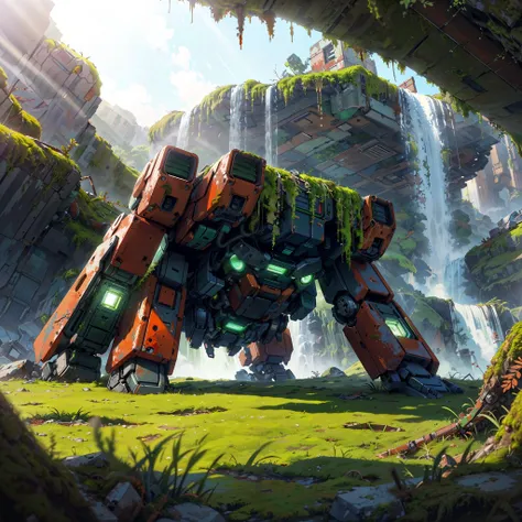 masterpiece, best quality, anime style, 8k, natural lighting, soft lighting, sunlight, wide-angle, (an abandoned_giant_robot covered with moss and rust, lying down:1.3) under the waterfall, no humans, <lora:add_detail:0.3> <lora:sc:0.2>