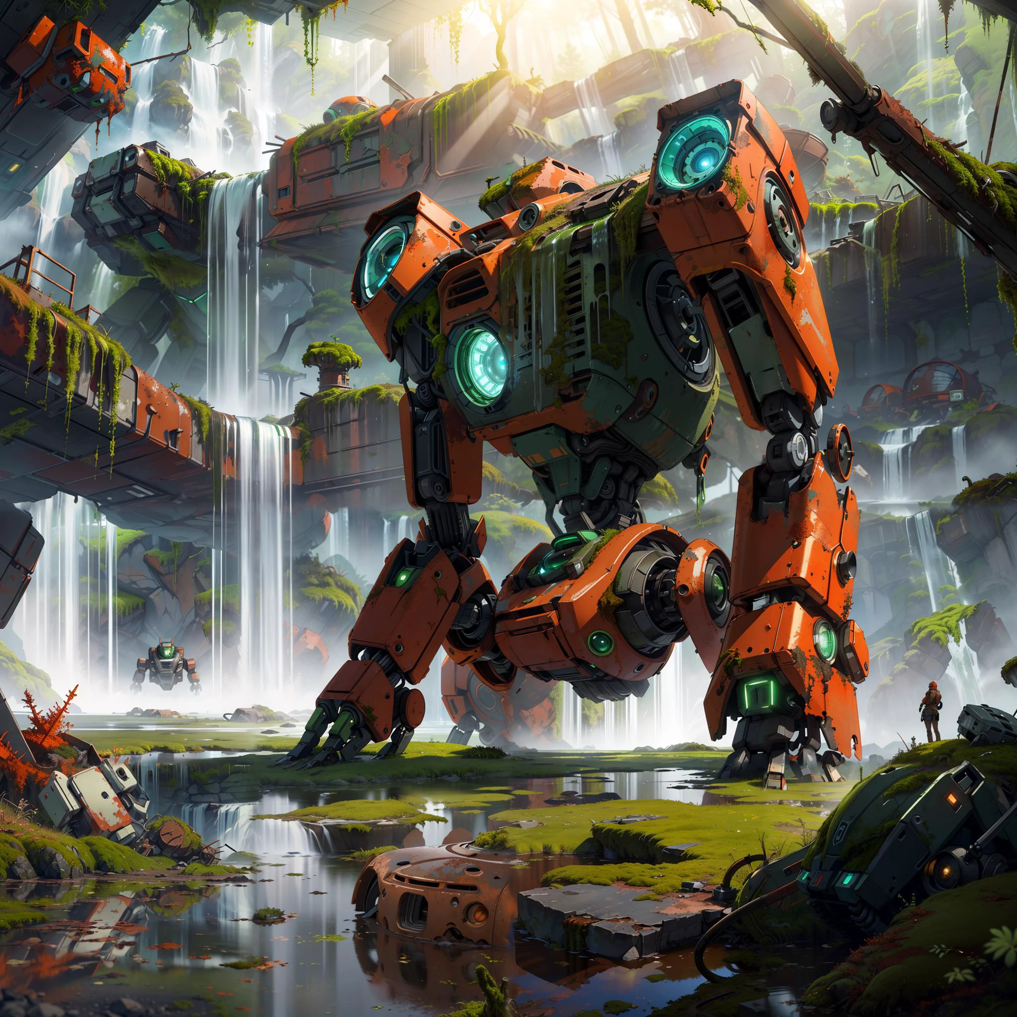 masterpiece, best quality, anime style, 8k, natural lighting, soft lighting, sunlight, (a giant_abandoned_robot full with rust and moss:1.35), waterfalls and beautiful nature , reflective water in background, HDR (High Dynamic Range), Ray Tracing, NVIDIA RTX, Super-Resolution, Unreal 5, Maximum Clarity And Sharpness, Multi-Layered Textures, <lora:add_detail:0.3> <lora:sc:0.3> <lora:mecha_offset:0.1>